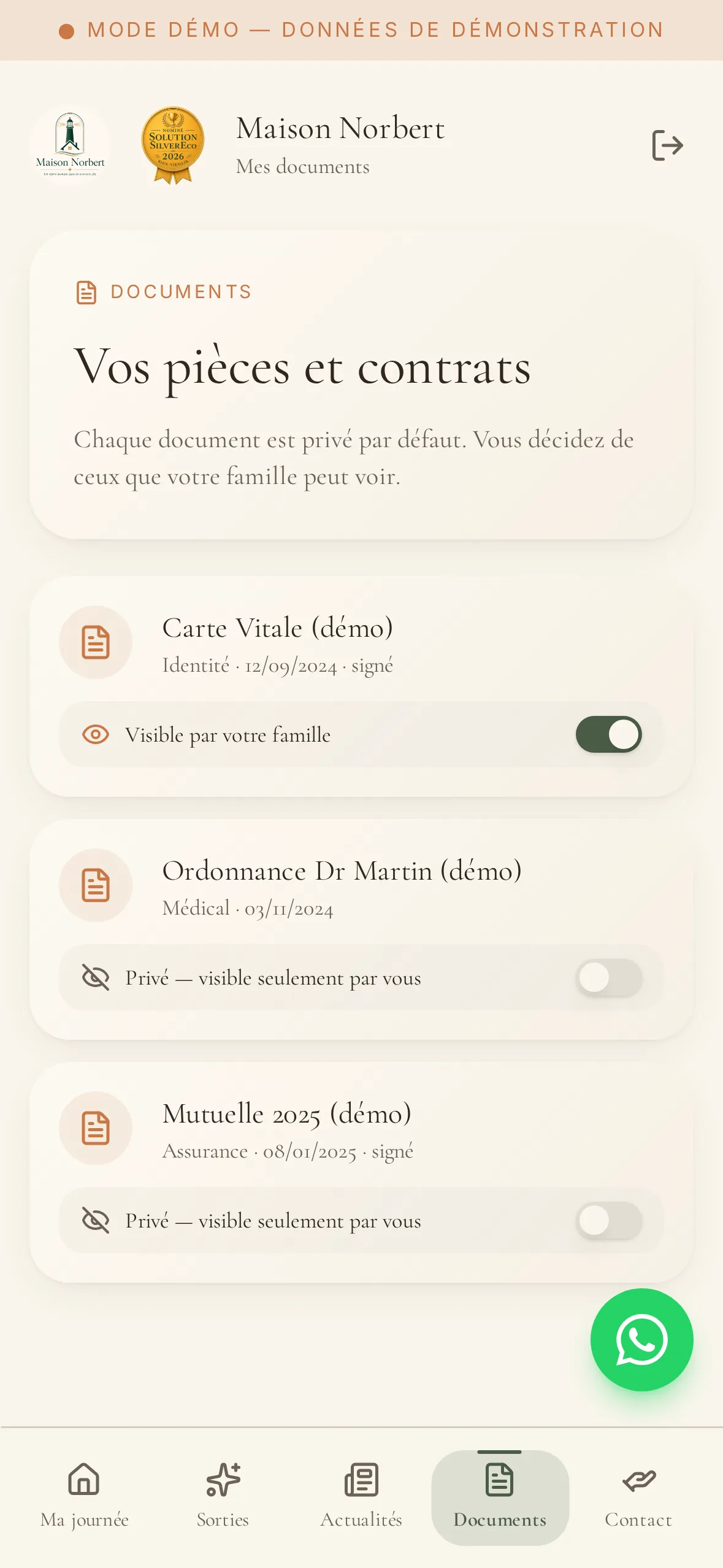 Vos pièces et contrats — privé par défaut