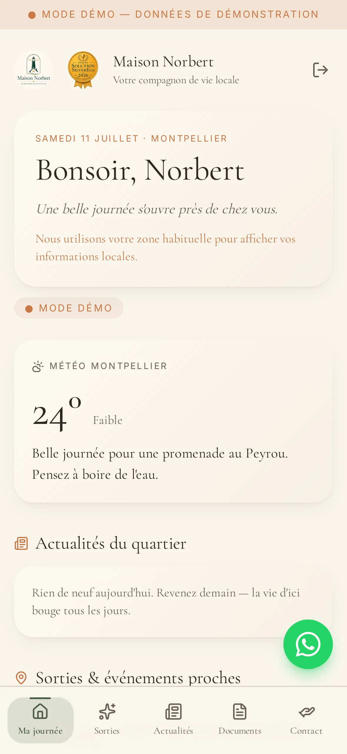 Écran Ma journée — bonsoir Norbert, météo Montpellier